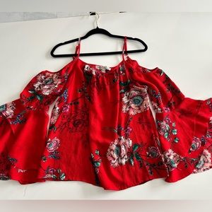 Statement open shoulder floral ruffled sleeve top